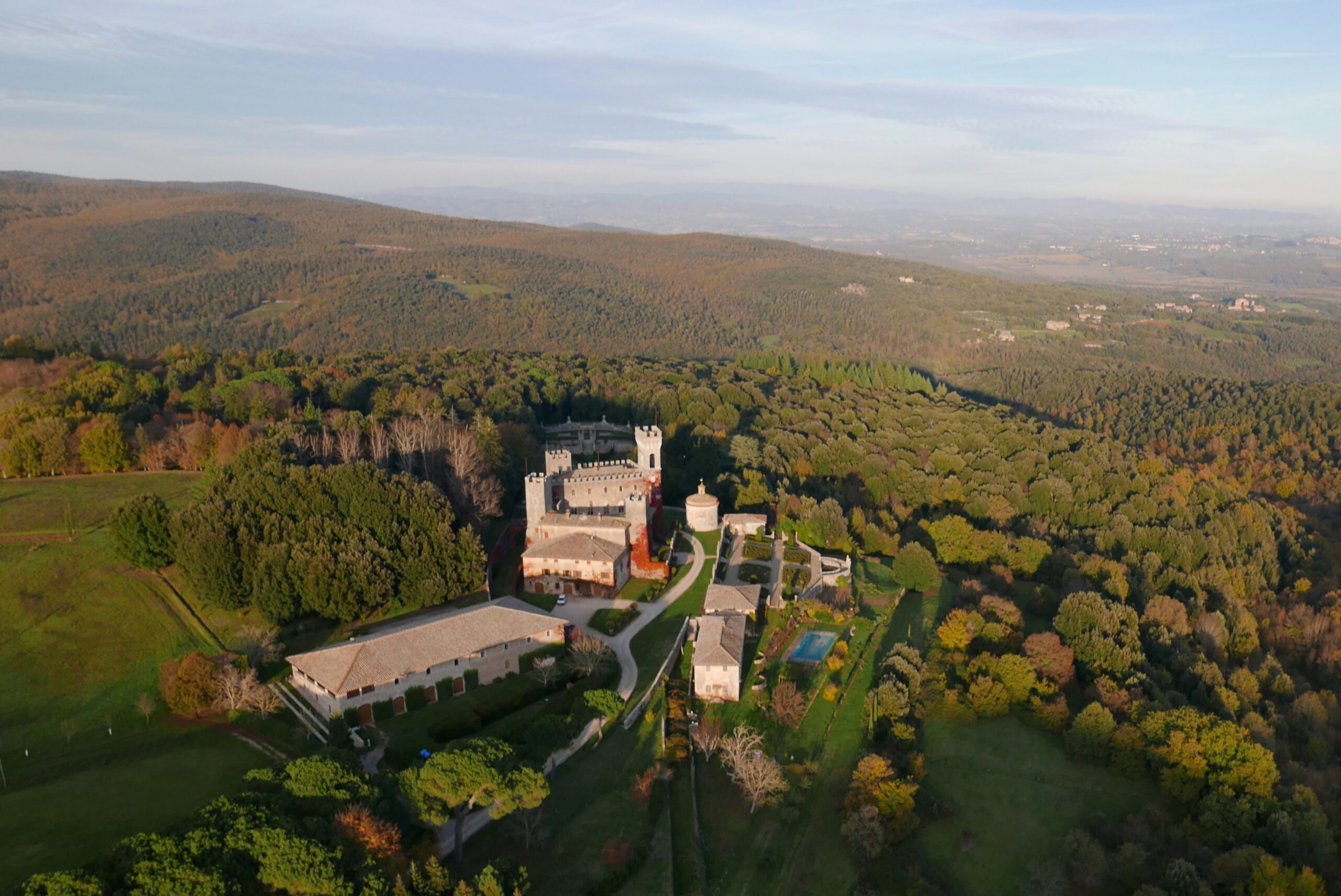 castello di celsa near Casali di Casole in Tuscany aerial view